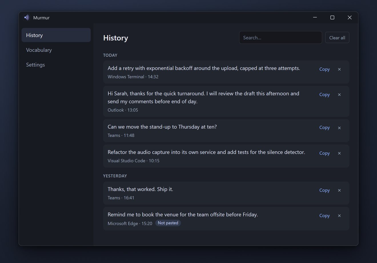 Murmur’s History page: dictations from today and yesterday, each with the app it went to and a Copy button
